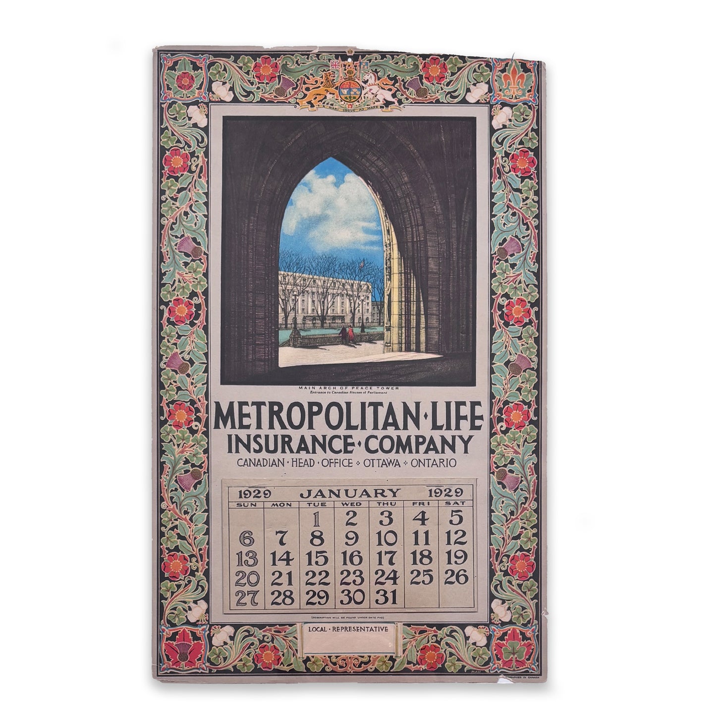 Samuel Herbert Maw - Main Arch of Peace Tower, Canadian Houses of Parliament, original sketch and calendar