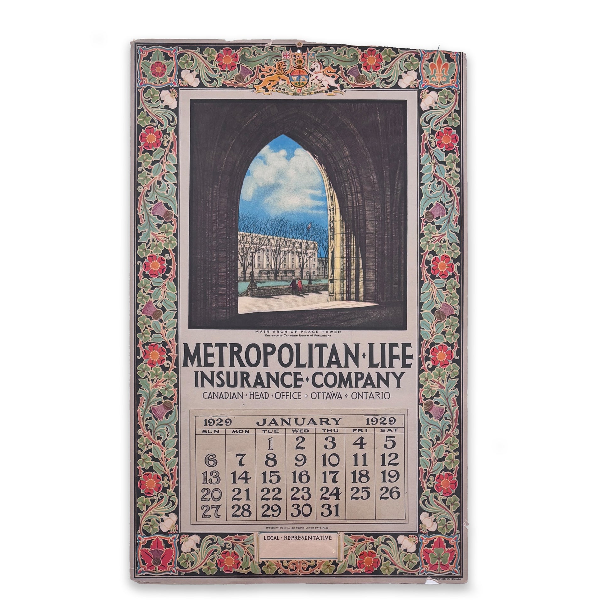 Samuel Herbert Maw - Main Arch of Peace Tower, Canadian Houses of Parliament, original sketch and calendar